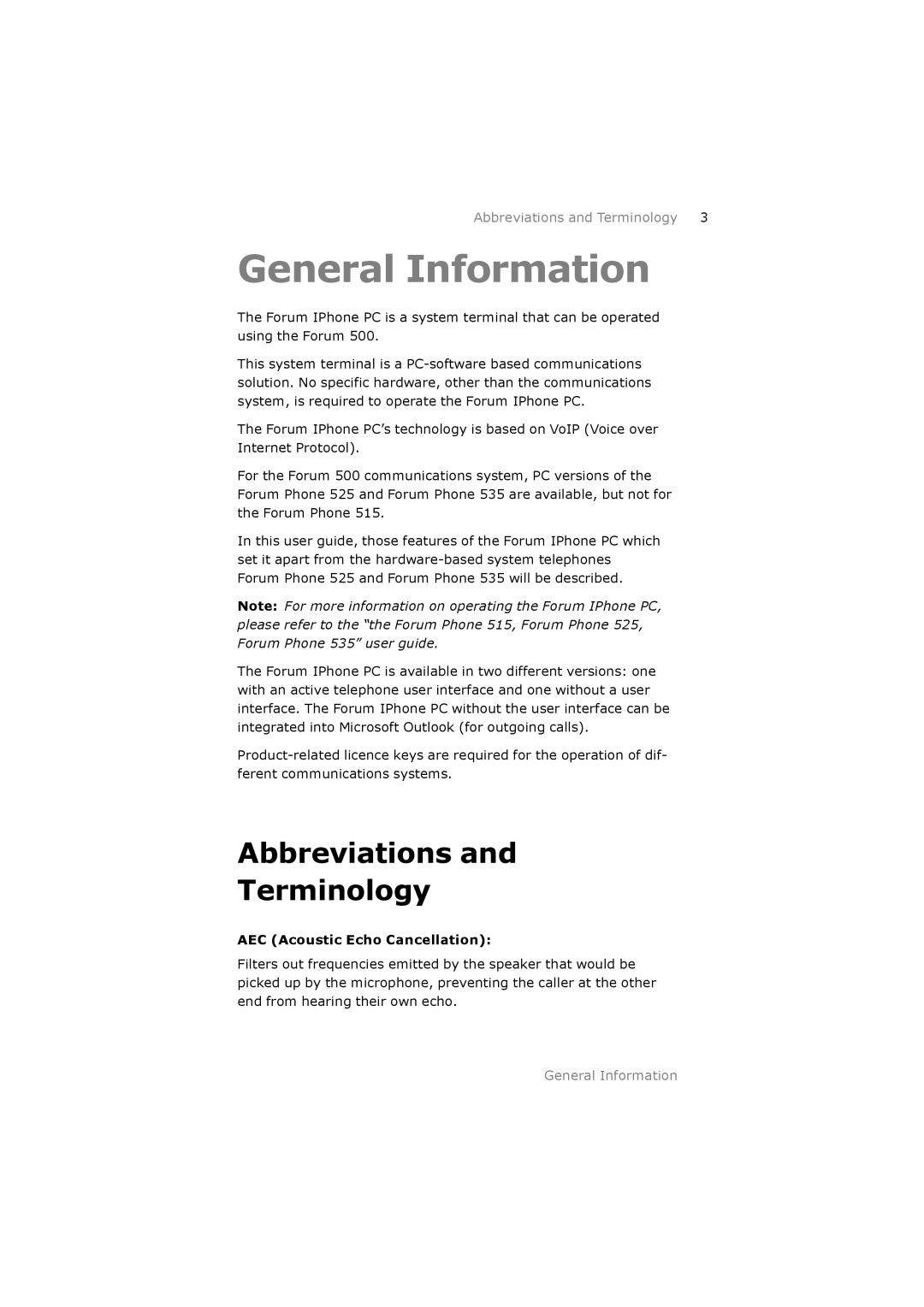 Belgacom 500 manual General Information, Abbreviations Terminology, AEC Acoustic Echo Cancellation 