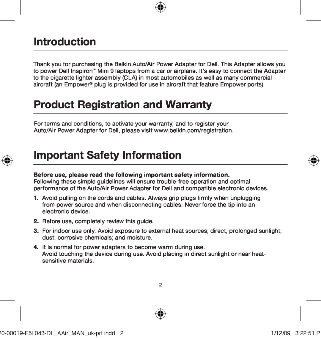Belkin 0-00019-F5L043 user manual Introduction, Product Registration and Warranty, Important Safety Information 