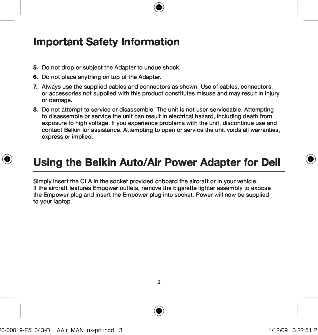 Belkin 0-00019-F5L043 user manual Using the Belkin Auto/Air Power Adapter for Dell, Important Safety Information 