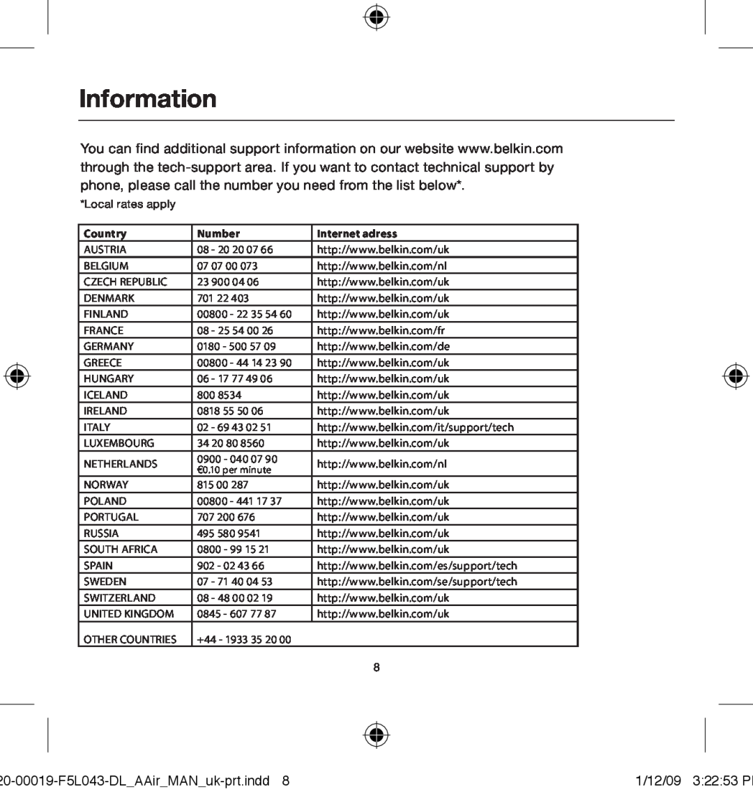Belkin 0-00019-F5L043 user manual Information, Country, Number, Internet adress 