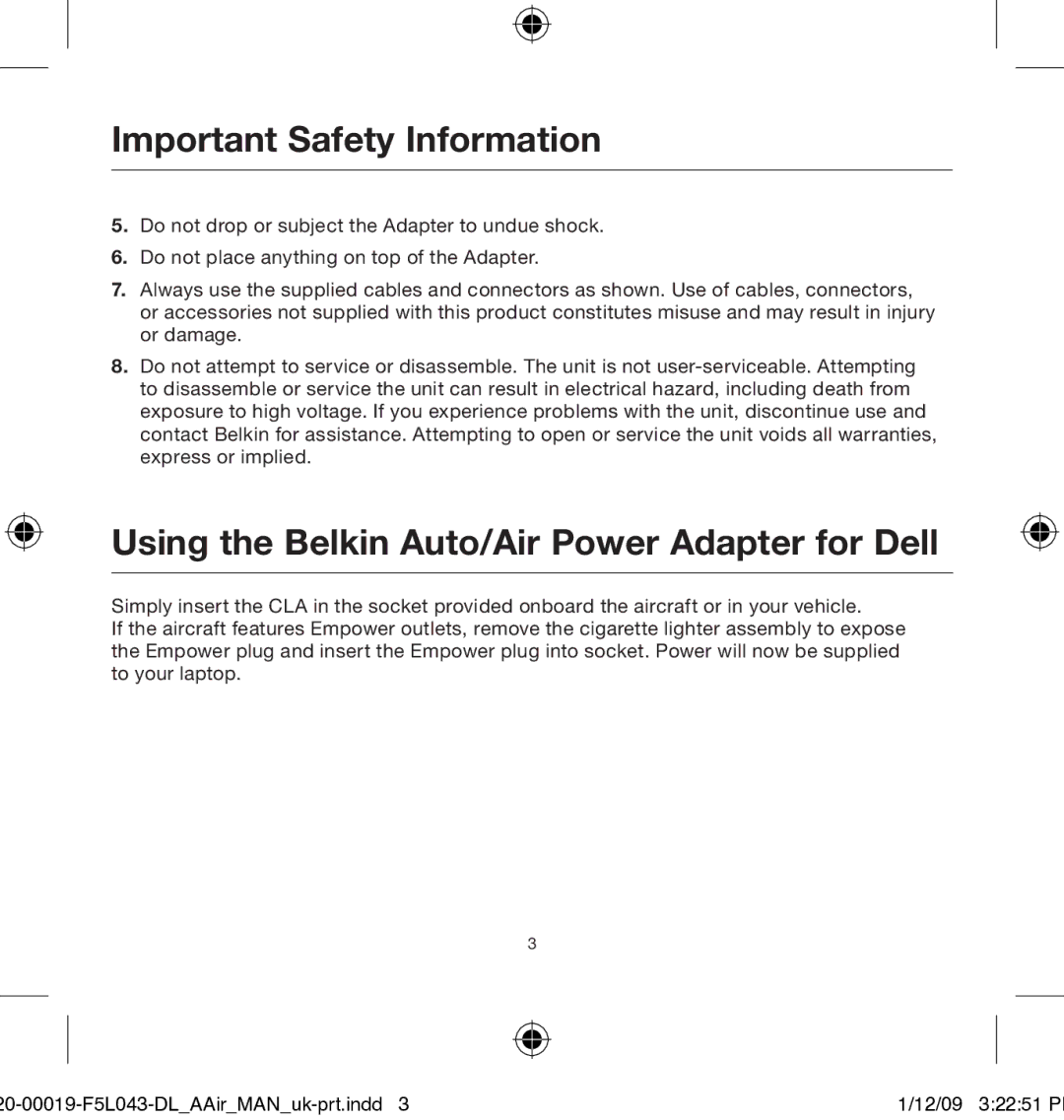 Belkin 0-00019-F5L043 user manual Using the Belkin Auto/Air Power Adapter for Dell 