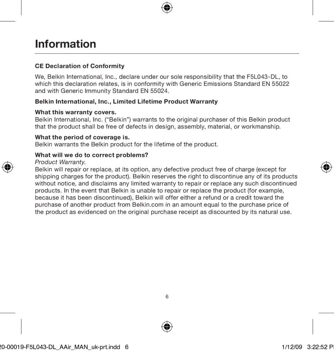 Belkin 0-00019-F5L043 user manual Information, CE Declaration of Conformity 