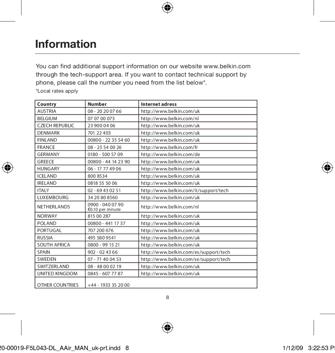 Belkin user manual 20-00019-F5L043-DLAAirMANuk-prt.indd 12/09 32253 P 