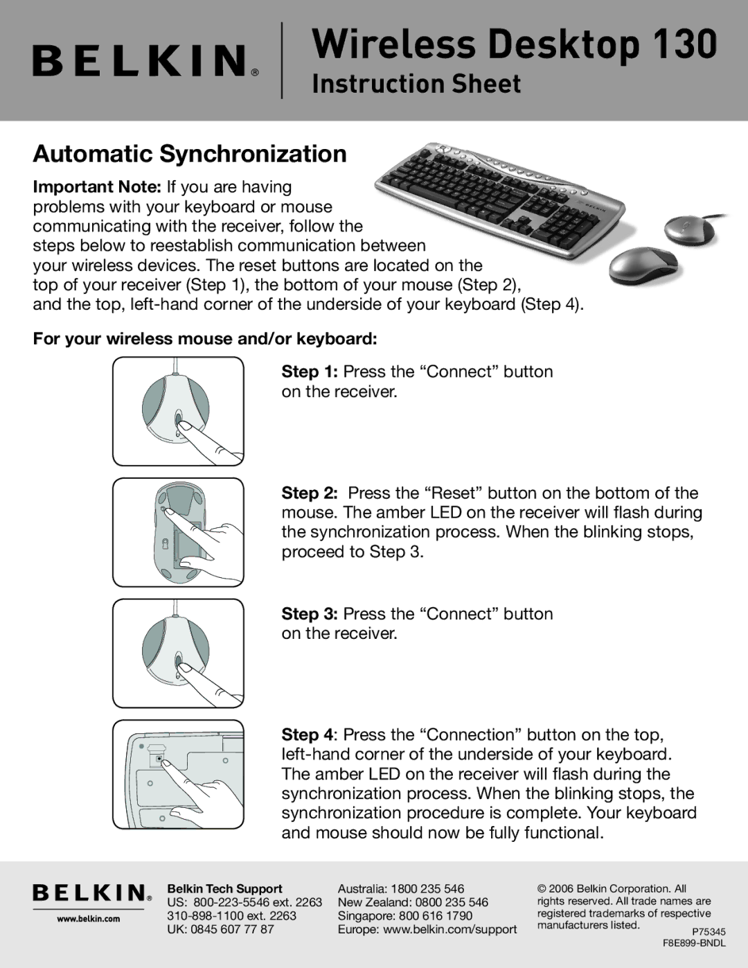 Belkin 130 instruction sheet Wireless Desktop, Instruction Sheet, Automatic Synchronization, Belkin Tech Support 