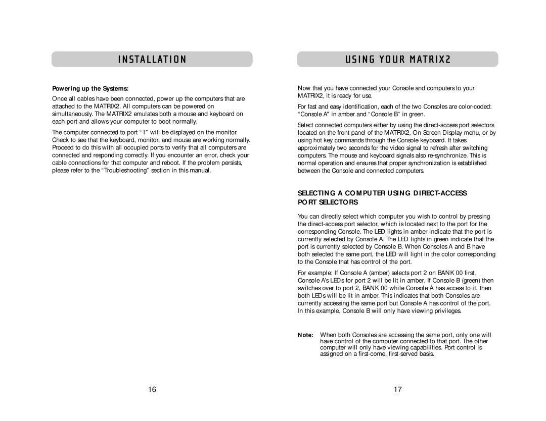 Belkin 2 Series user manual Installation, Using Your MATRIX2, Selecting a Computer Using DIRECT-ACCESS Port Selectors 