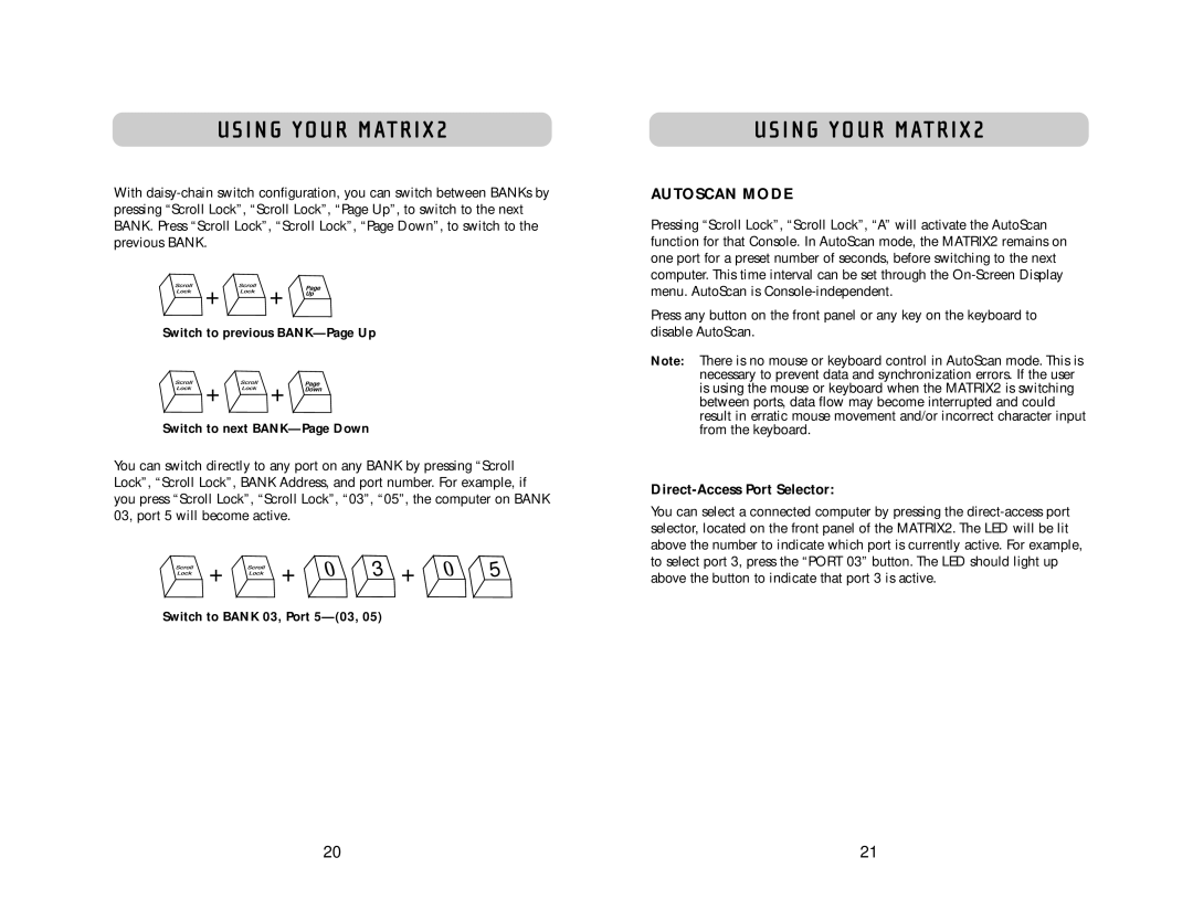 Belkin 2 Series user manual Autoscan Mode, Switch to previous BANK-Page Up, Switch to next BANK-Page Down 