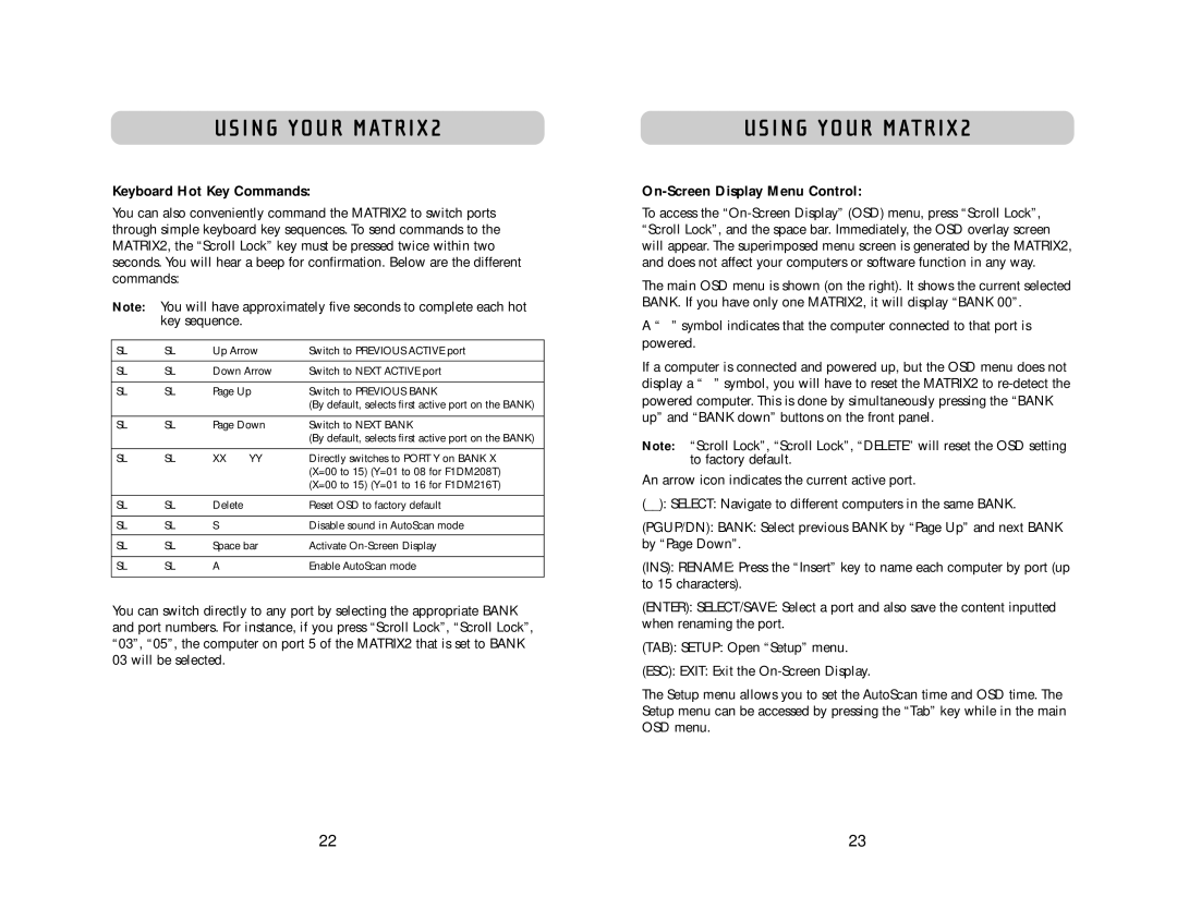 Belkin 2 Series user manual Keyboard Hot Key Commands, On-Screen Display Menu Control 