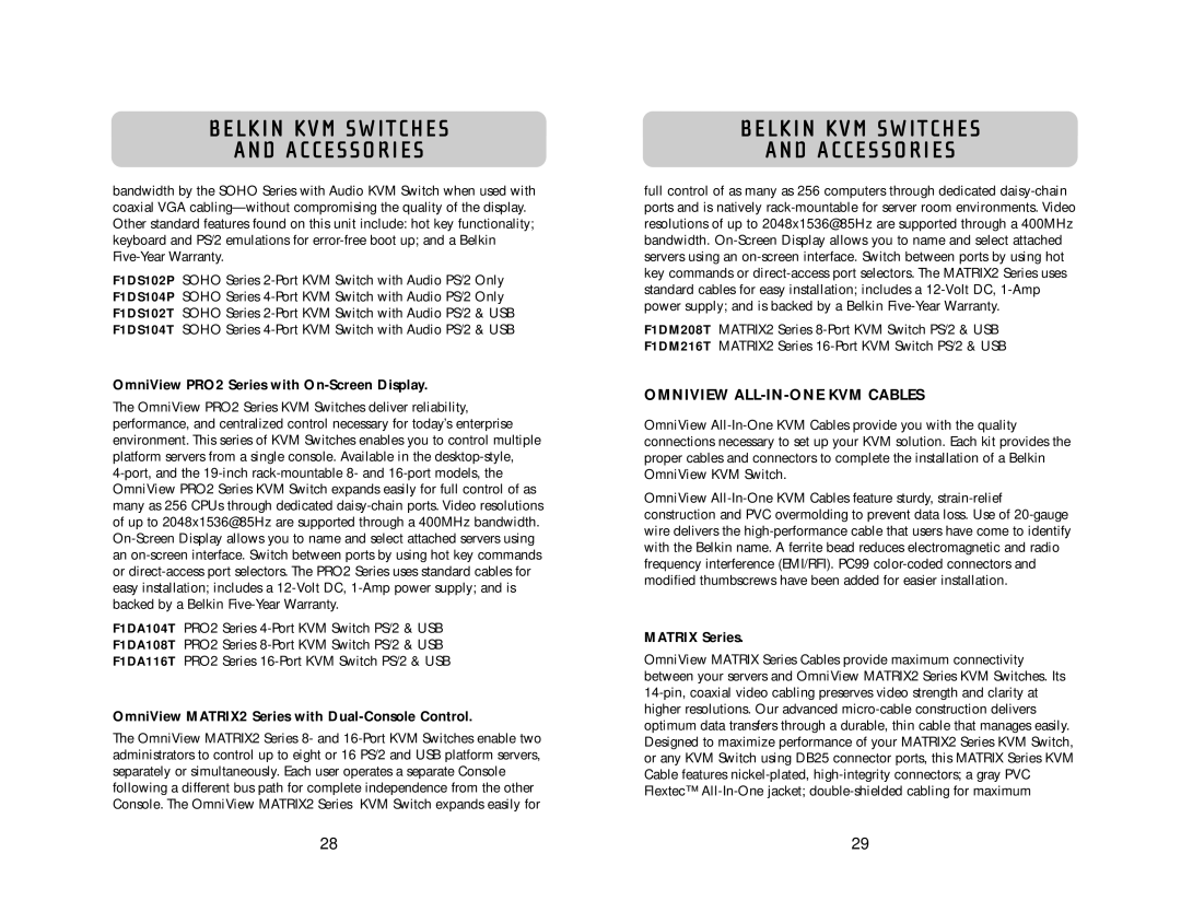 Belkin user manual Omniview ALL-IN-ONE KVM Cables, OmniView PRO2 Series with On-Screen Display, Matrix Series 