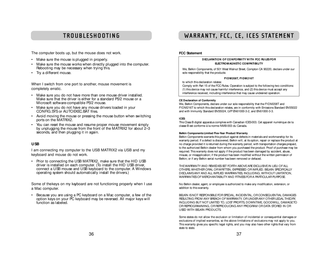 Belkin 2 Series user manual Computer boots up, but the mouse does not work, FCC Statement 