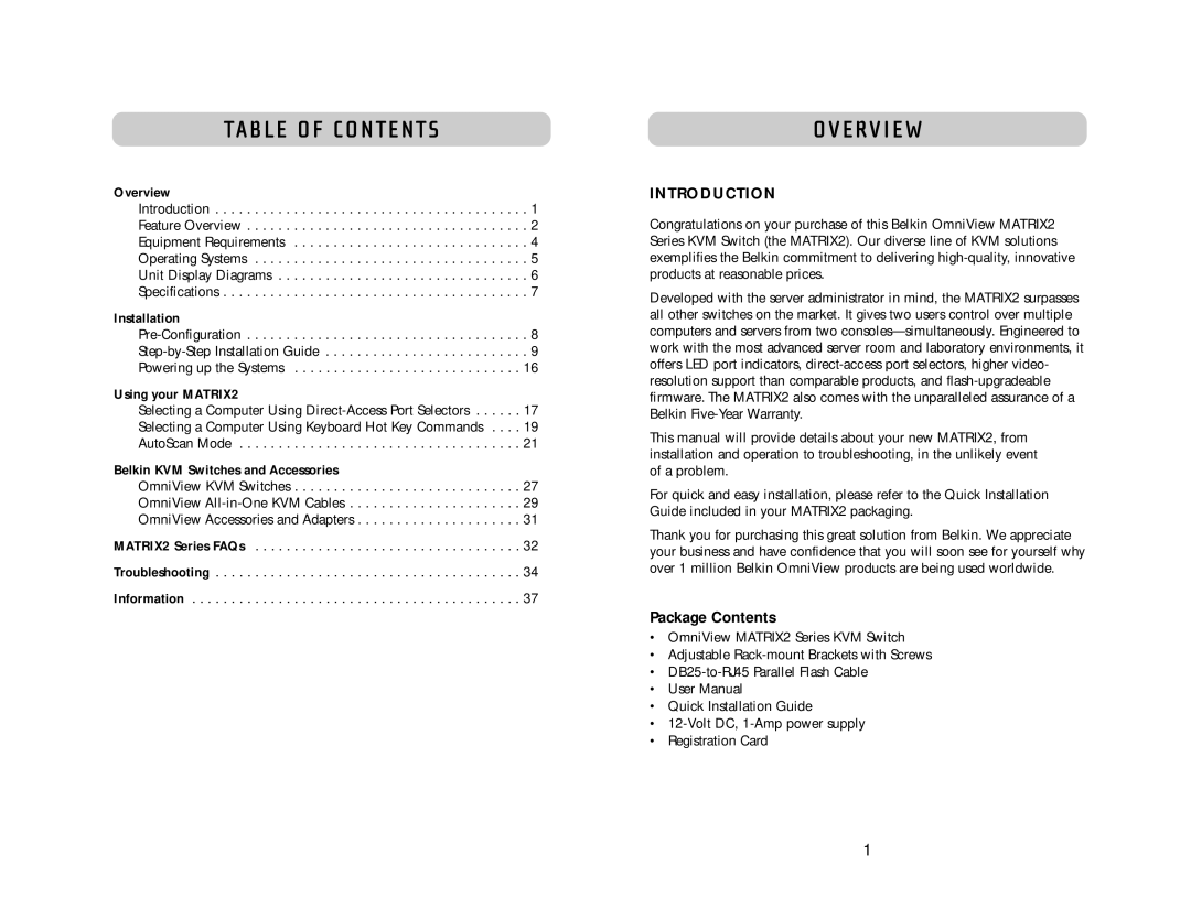 Belkin 2 Series user manual Table of Contents, Overview 