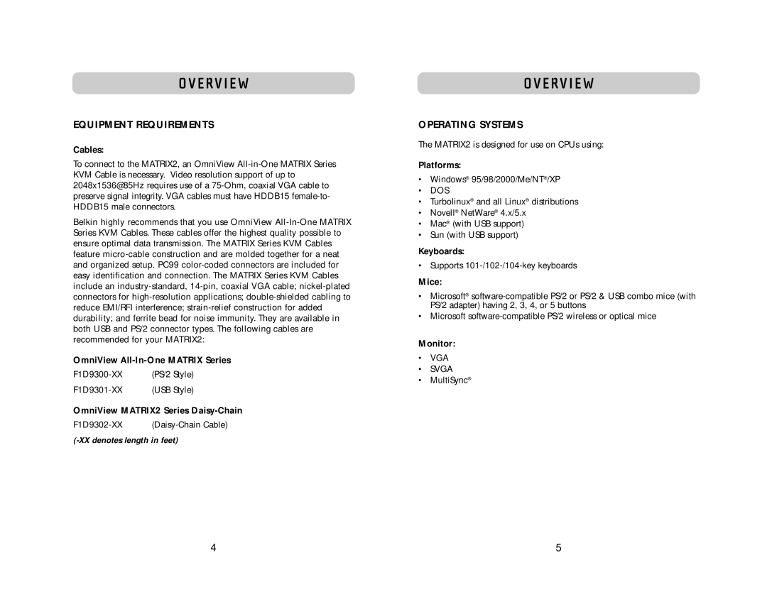 Belkin 2 Series user manual Equipment Requirements, Operating Systems 