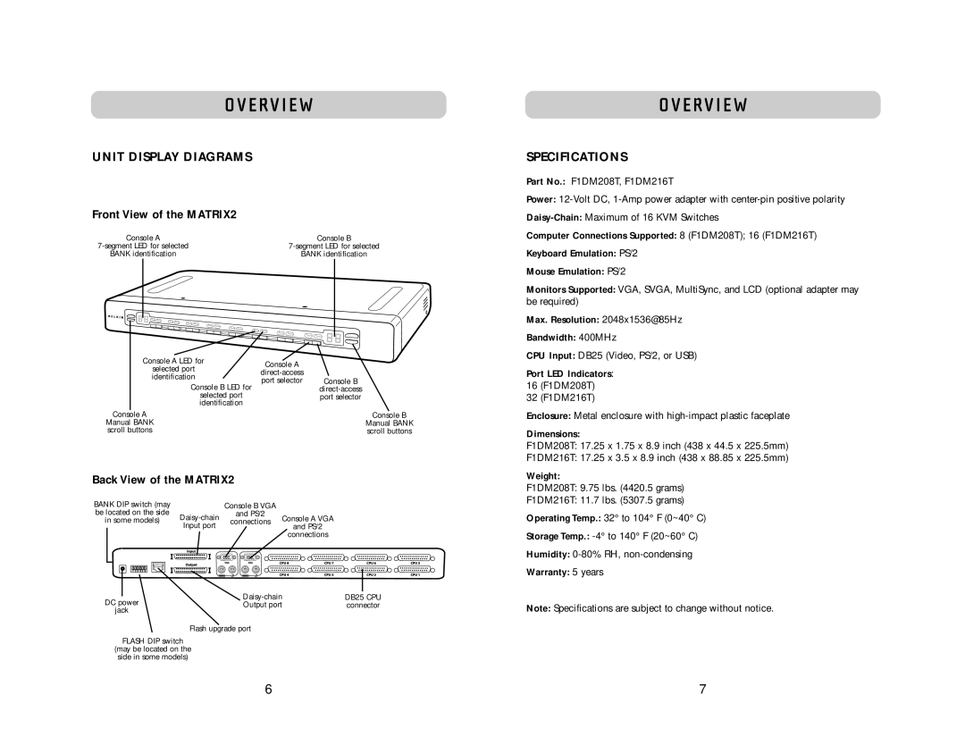 Belkin 2 Series user manual Unit Display Diagrams, Specifications, Front View of the MATRIX2, Back View of the MATRIX2 