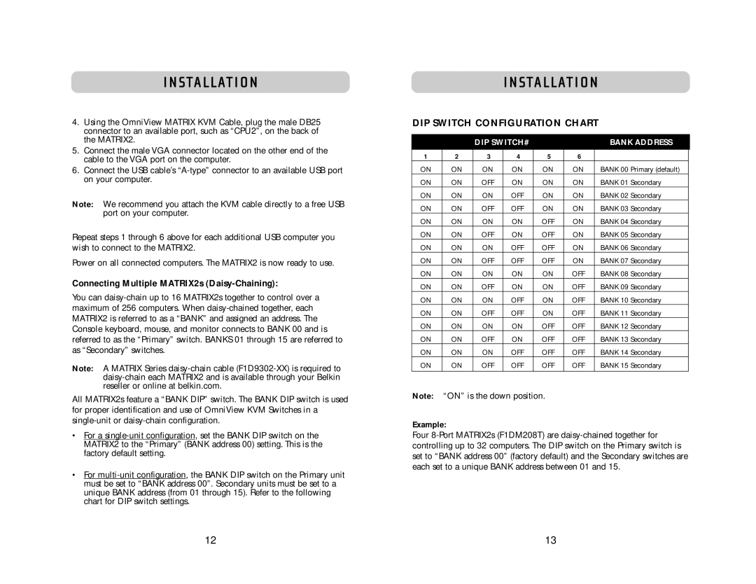 Belkin 2 Series STA L L AT I O N DIP Switch Configuration Chart, Connecting Multiple MATRIX2s Daisy-Chaining, Example 