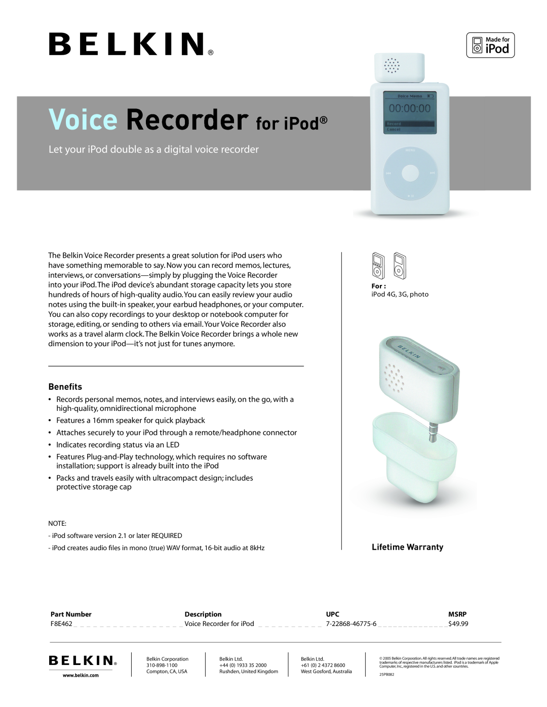 Belkin 25PB082 warranty Voice for iPod, Let your iPod double as a digital voice recorder, Beneﬁts, Lifetime Warranty 