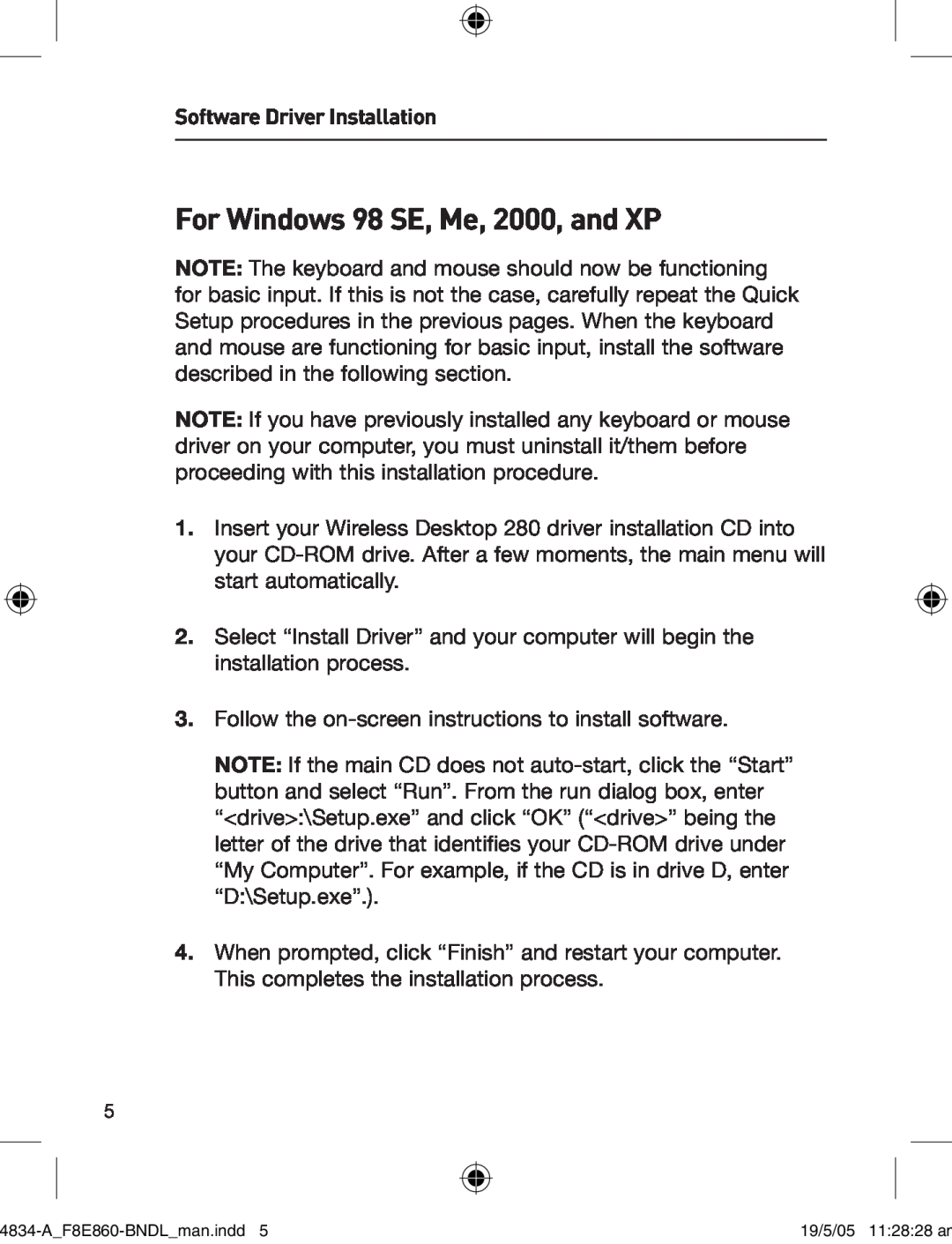 Belkin 280 manual For Windows 98 SE, Me, 2000, and XP, Software Driver Installation 