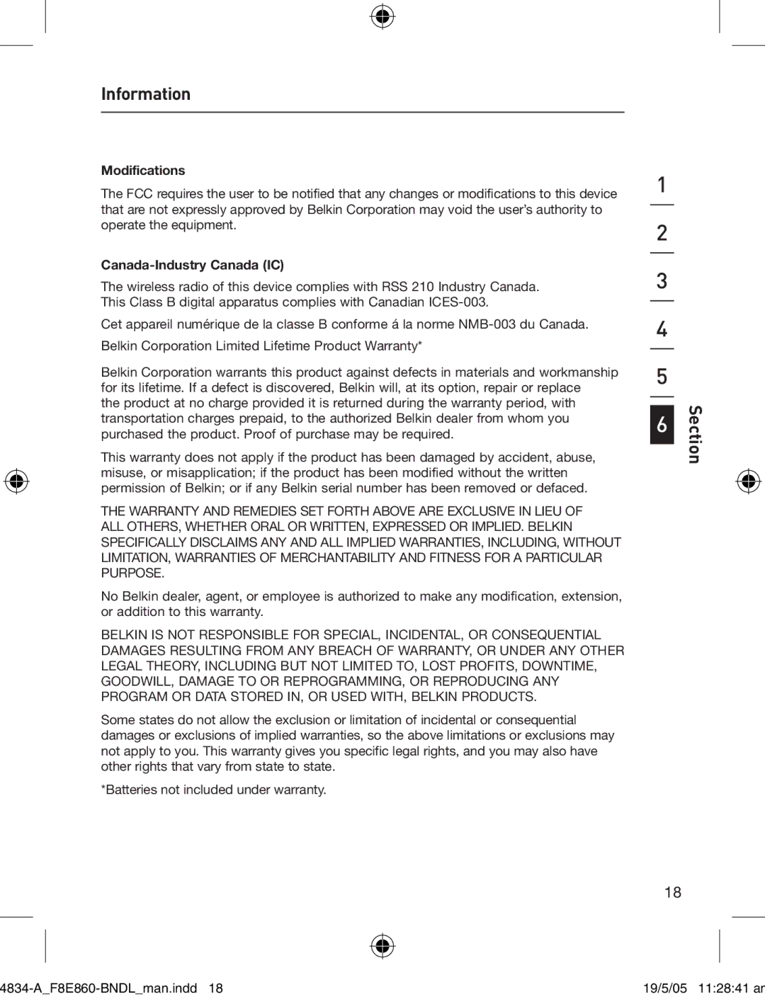 Belkin 280 manual Information, Modifications 