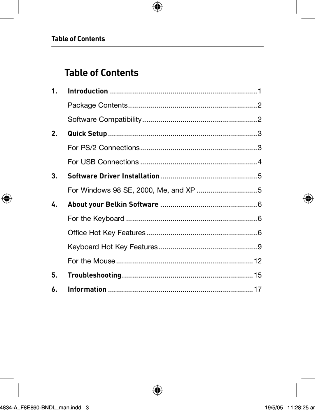 Belkin 280 manual Table of Contents 