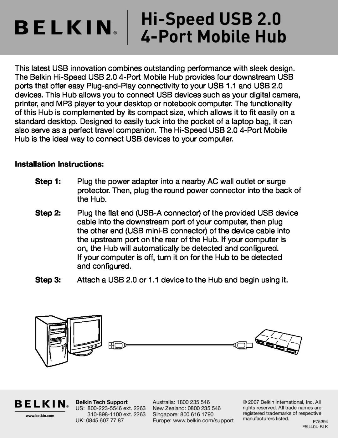 Belkin installation instructions Hi-Speed USB 4-Port Mobile Hub, Installation Instructions 