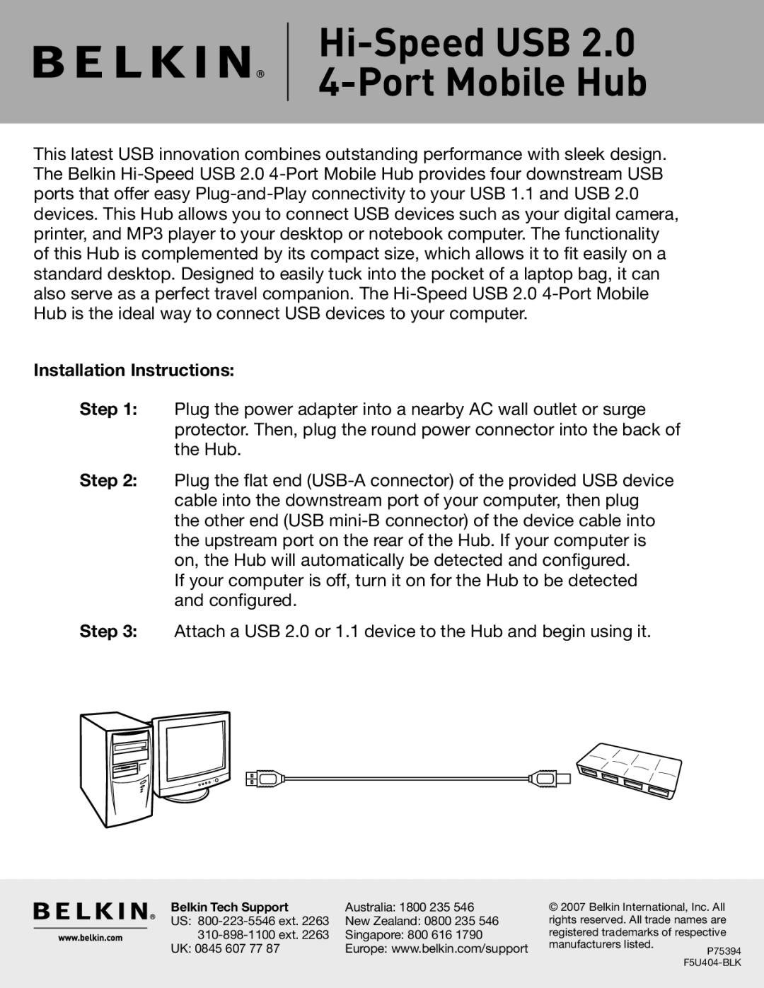 Belkin 4-Port Mobile Hub installation instructions Hi-Speed USB Port Mobile Hub, Installation Instructions 