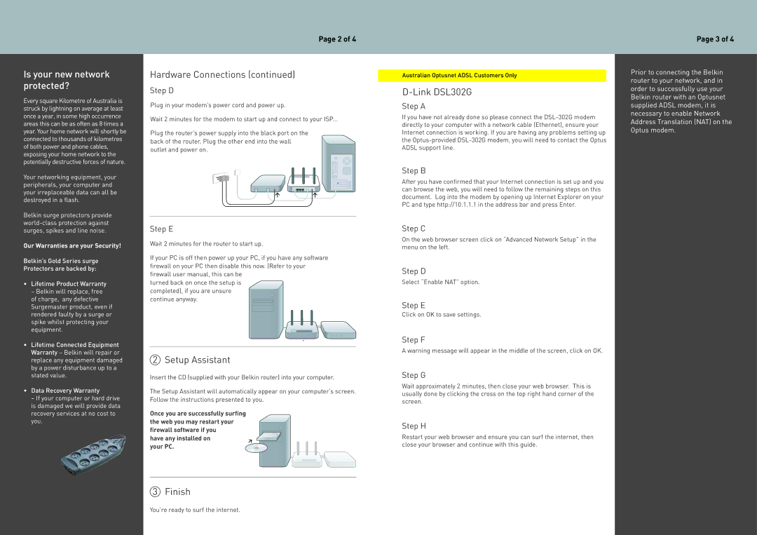 Belkin 4200 user manual Setup Assistant, Finish, Link DSL302G, Step F Step G, Step H 