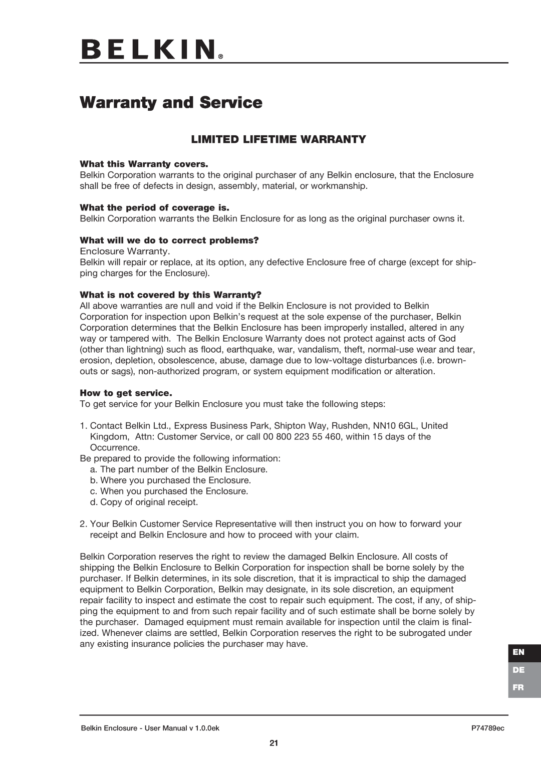 Belkin 42U user manual Warranty and Service, Limited Lifetime Warranty 