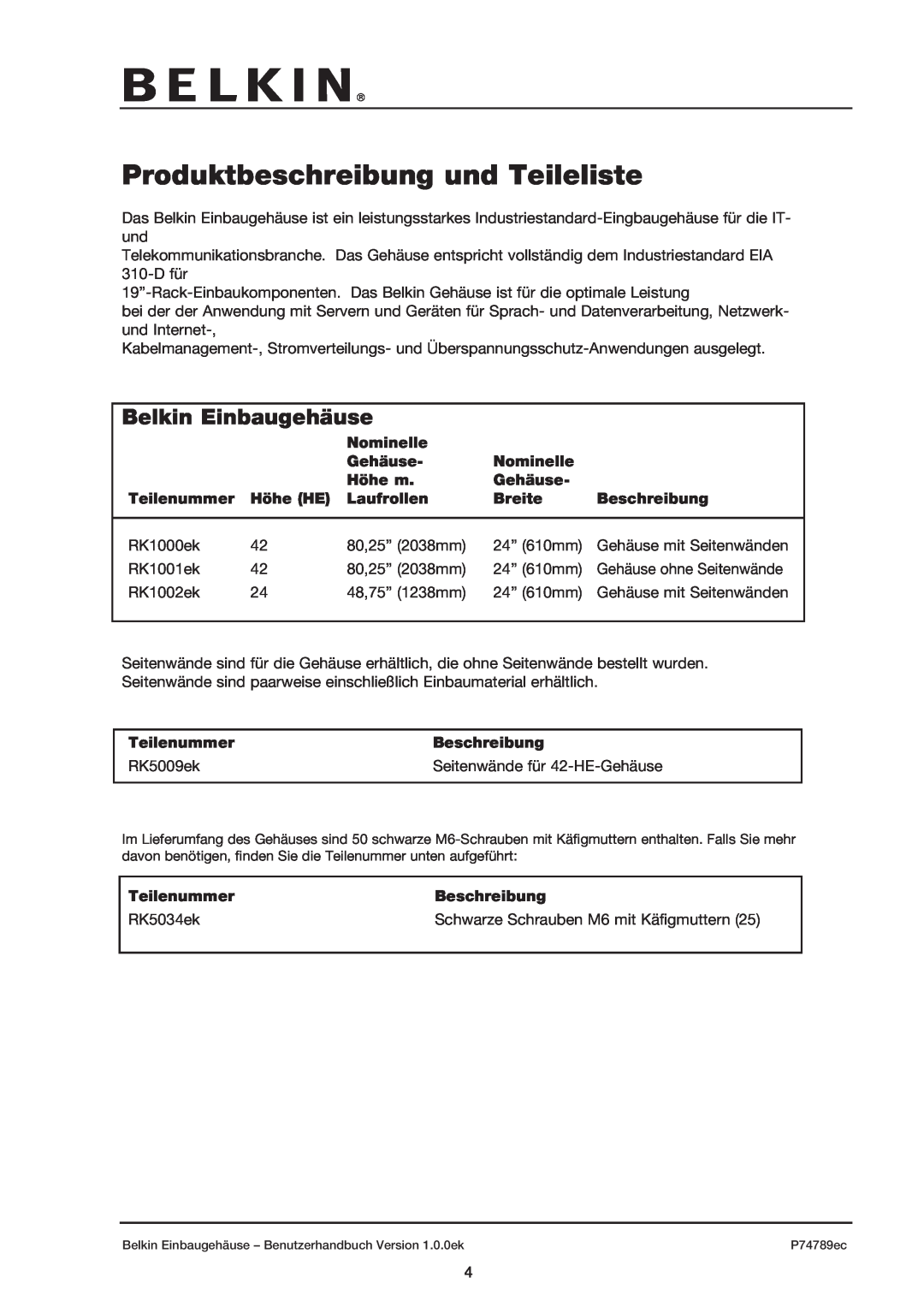 Belkin 42U user manual Produktbeschreibung und Teileliste, Belkin Einbaugehäuse 