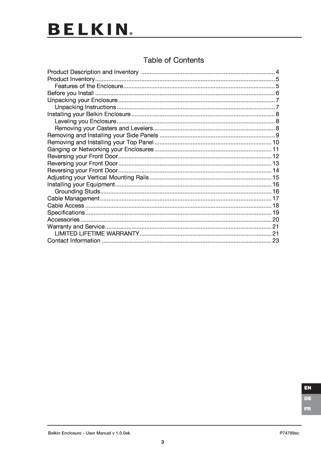 Belkin 42U user manual Table of Contents 
