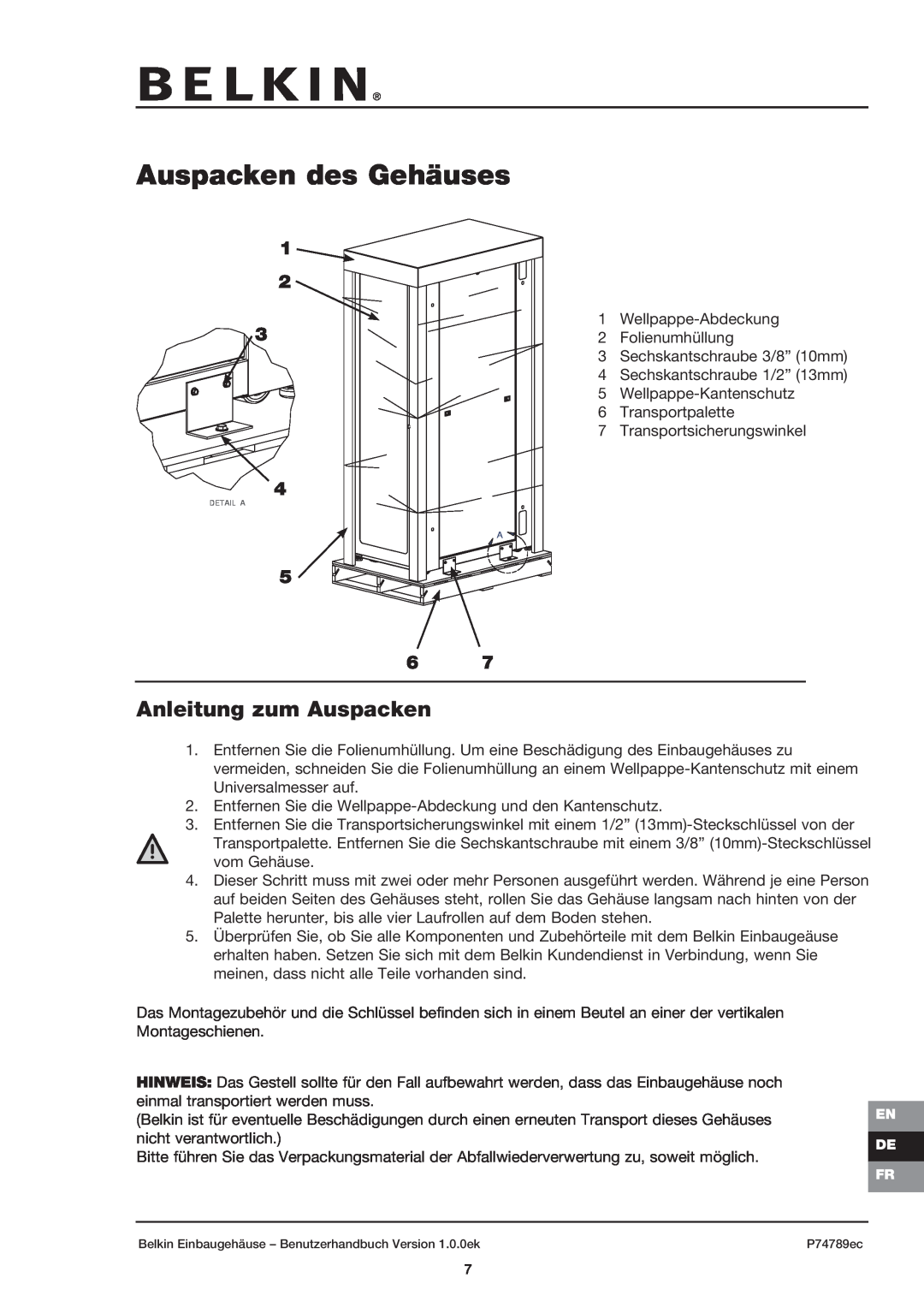 Belkin 42U user manual Auspacken des Gehäuses, Anleitung zum Auspacken 