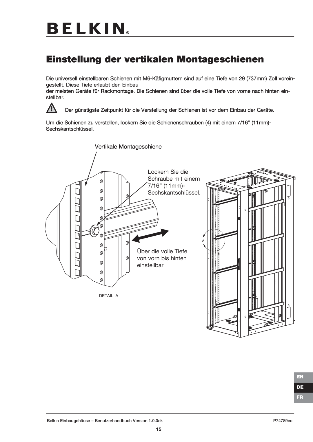 Belkin 42U user manual Einstellung der vertikalen Montageschienen, Vertikale Montageschiene 