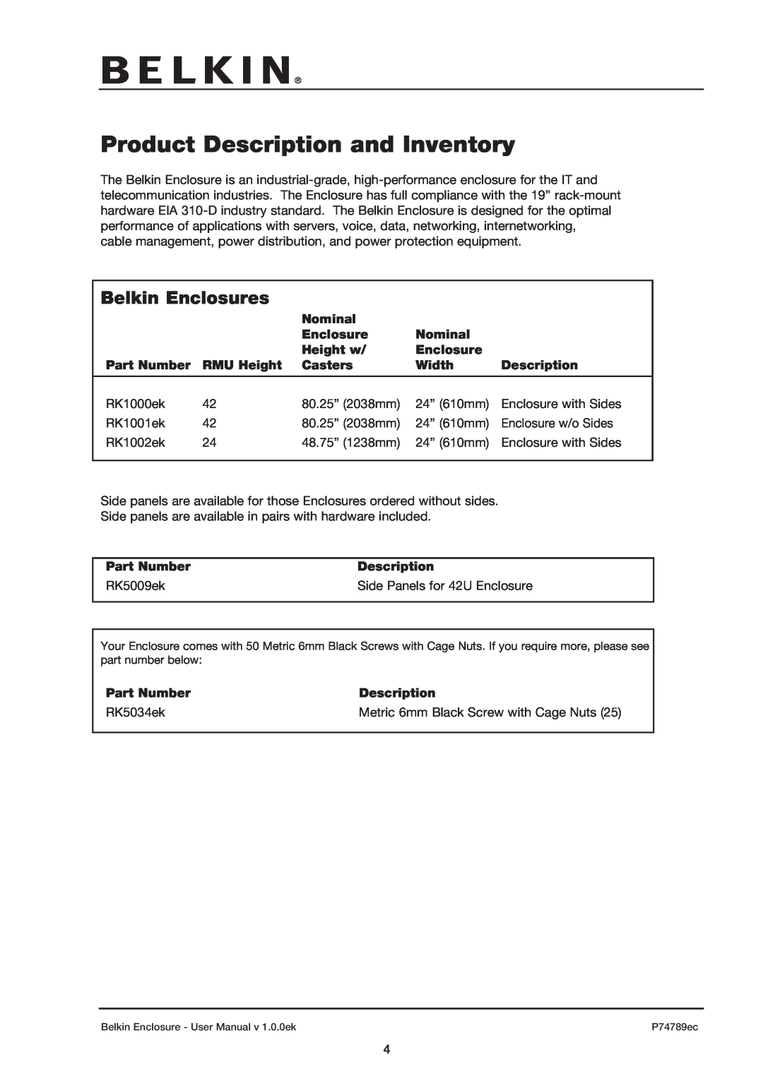 Belkin 42U user manual Product Description and Inventory, Belkin Enclosures 