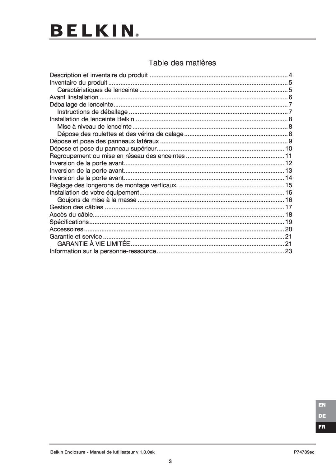 Belkin 42U user manual Table des matières 