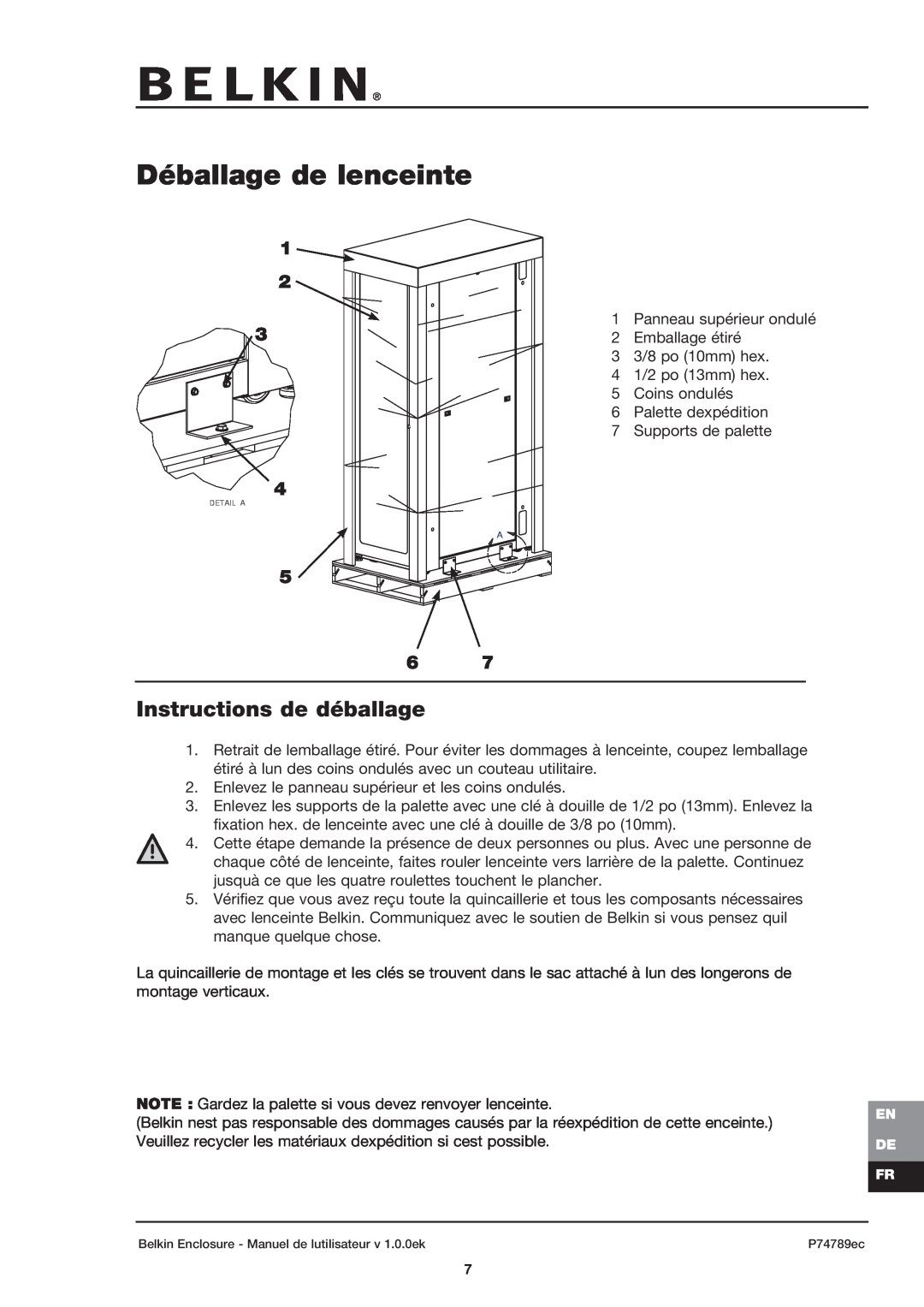 Belkin 42U user manual Déballage de lenceinte, Instructions de déballage 