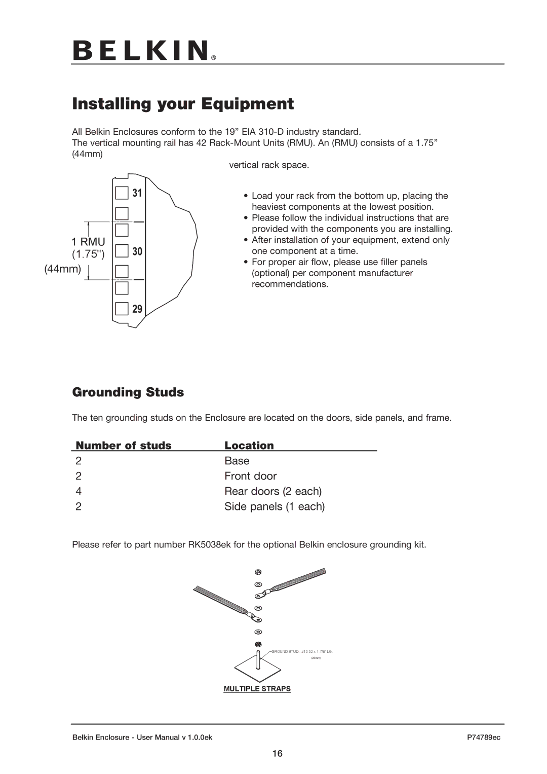 Belkin 42U user manual Installing your Equipment, Grounding Studs, Number of studs Location 