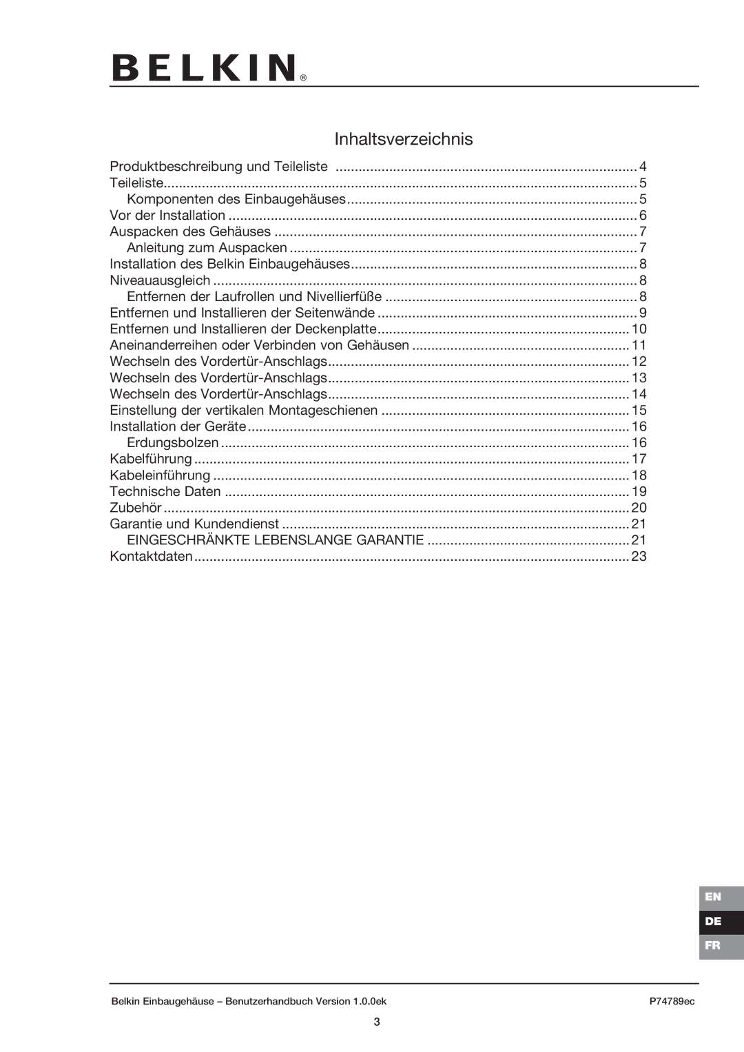 Belkin 42U user manual Inhaltsverzeichnis 