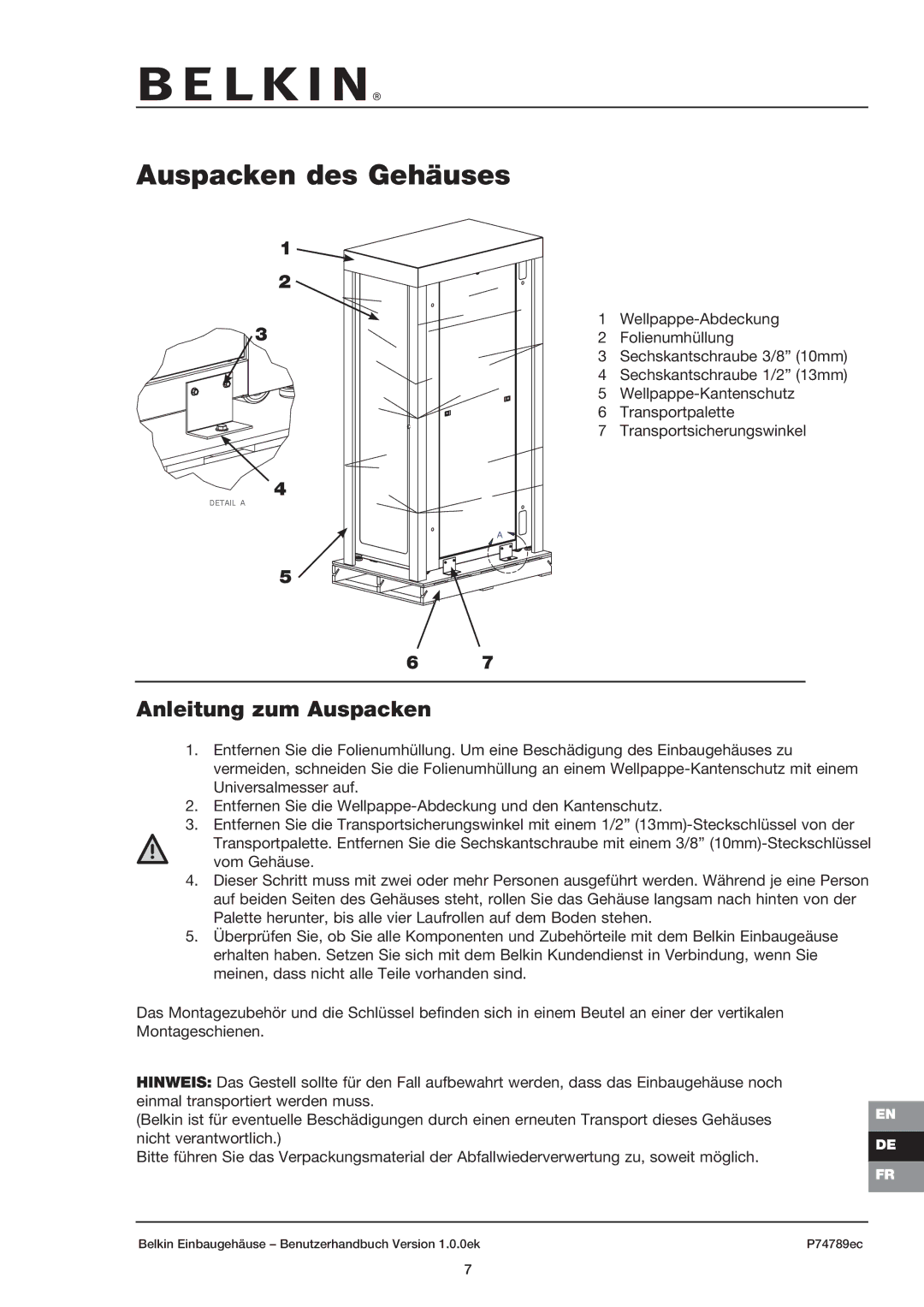 Belkin 42U user manual Auspacken des Gehäuses, Anleitung zum Auspacken 