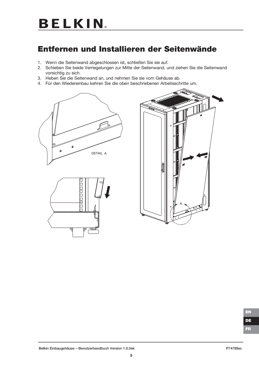 Belkin 42U user manual Entfernen und Installieren der Seitenwände 