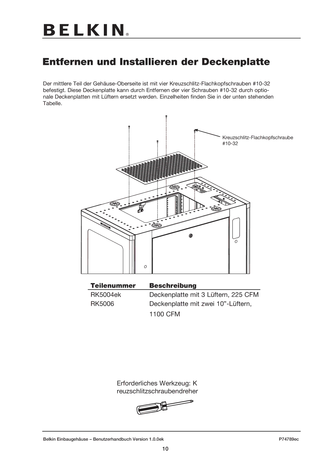 Belkin 42U user manual Entfernen und Installieren der Deckenplatte, Teilenummer Beschreibung 