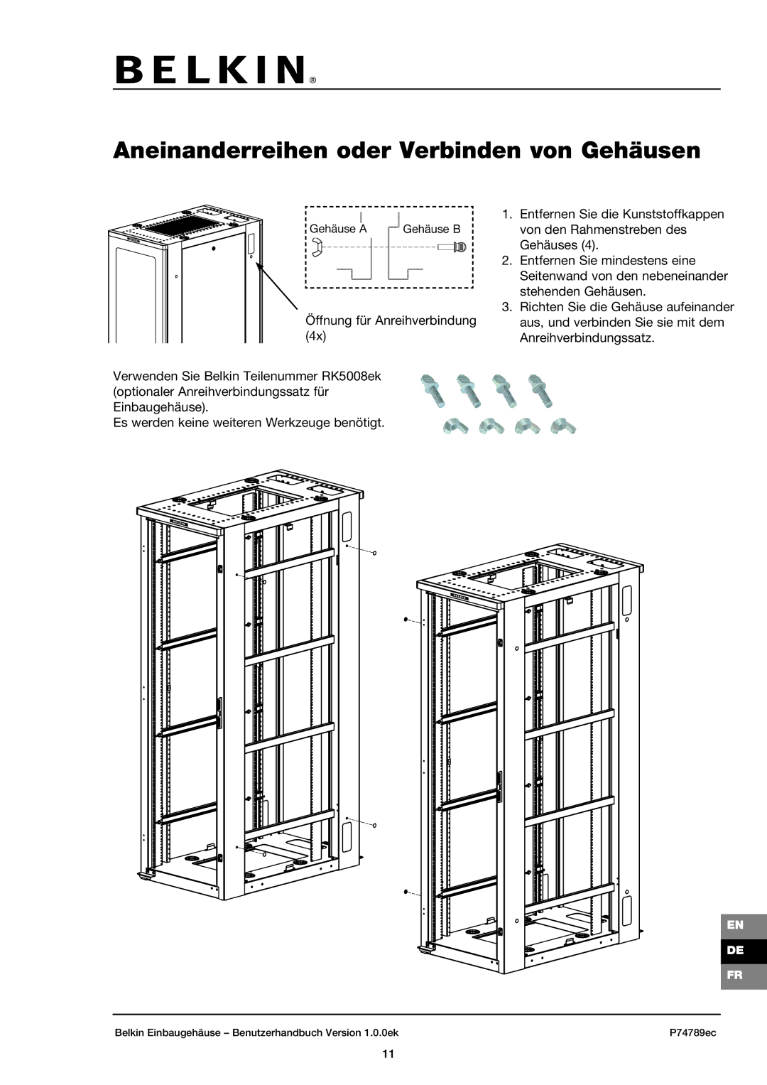 Belkin 42U user manual Aneinanderreihen oder Verbinden von Gehäusen 