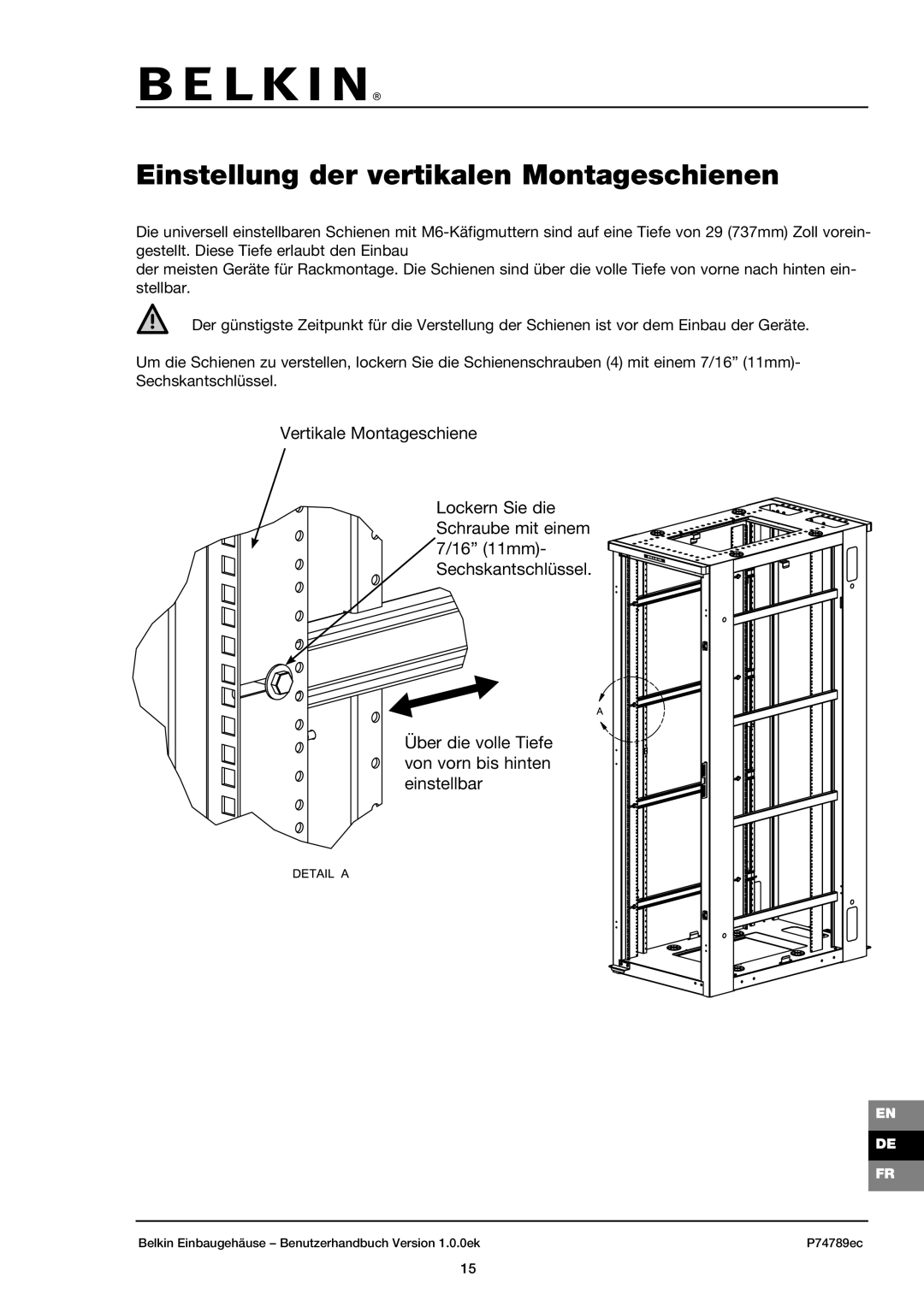 Belkin 42U user manual Einstellung der vertikalen Montageschienen 