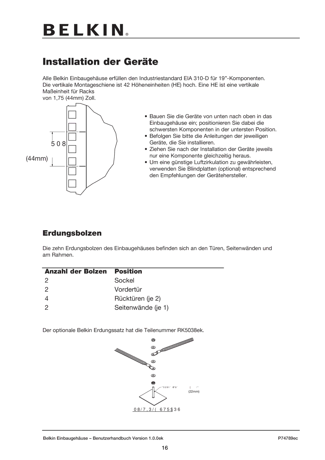 Belkin 42U user manual Installation der Geräte, Erdungsbolzen, Anzahl der Bolzen Position 