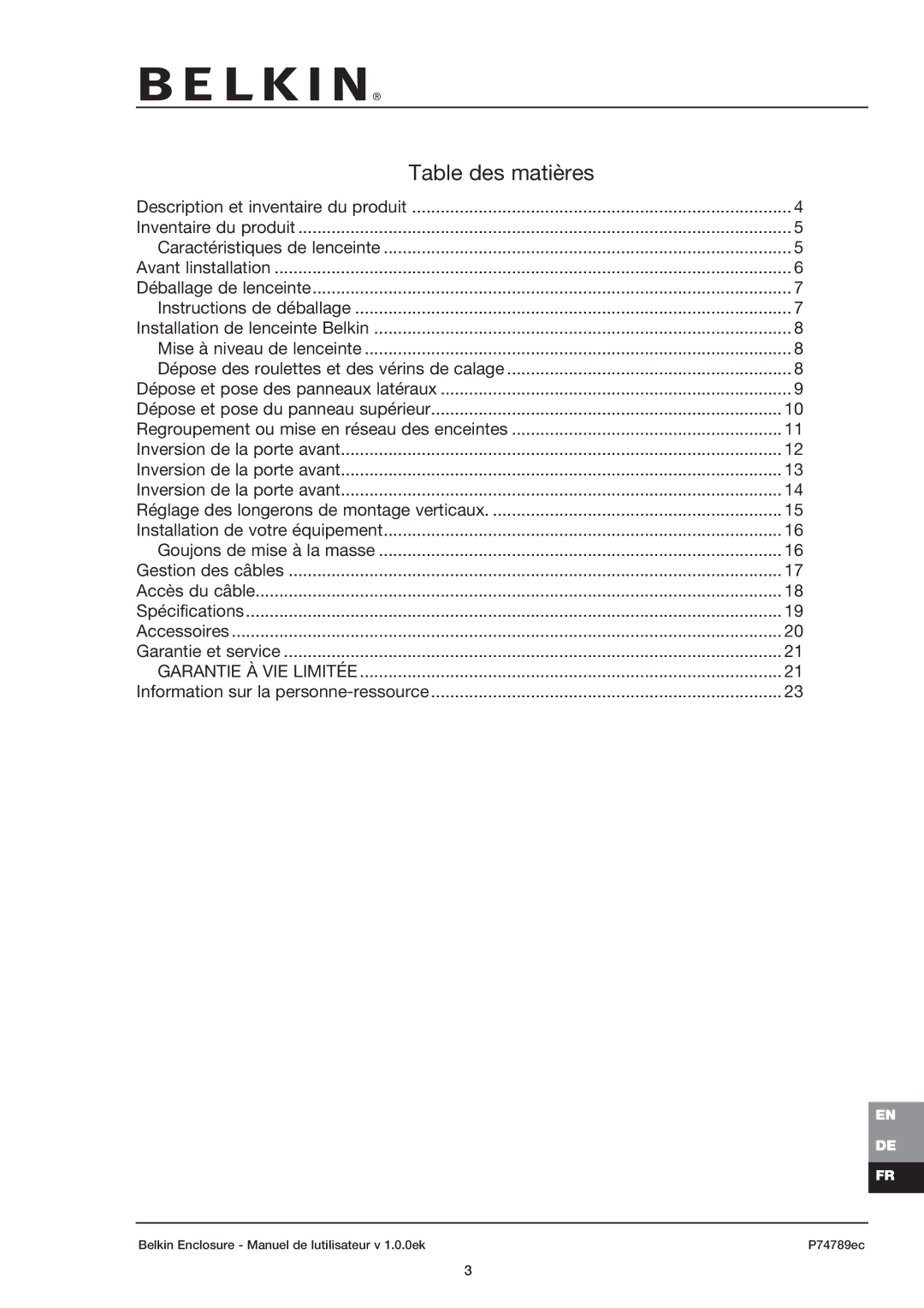 Belkin 42U user manual Table des matières 