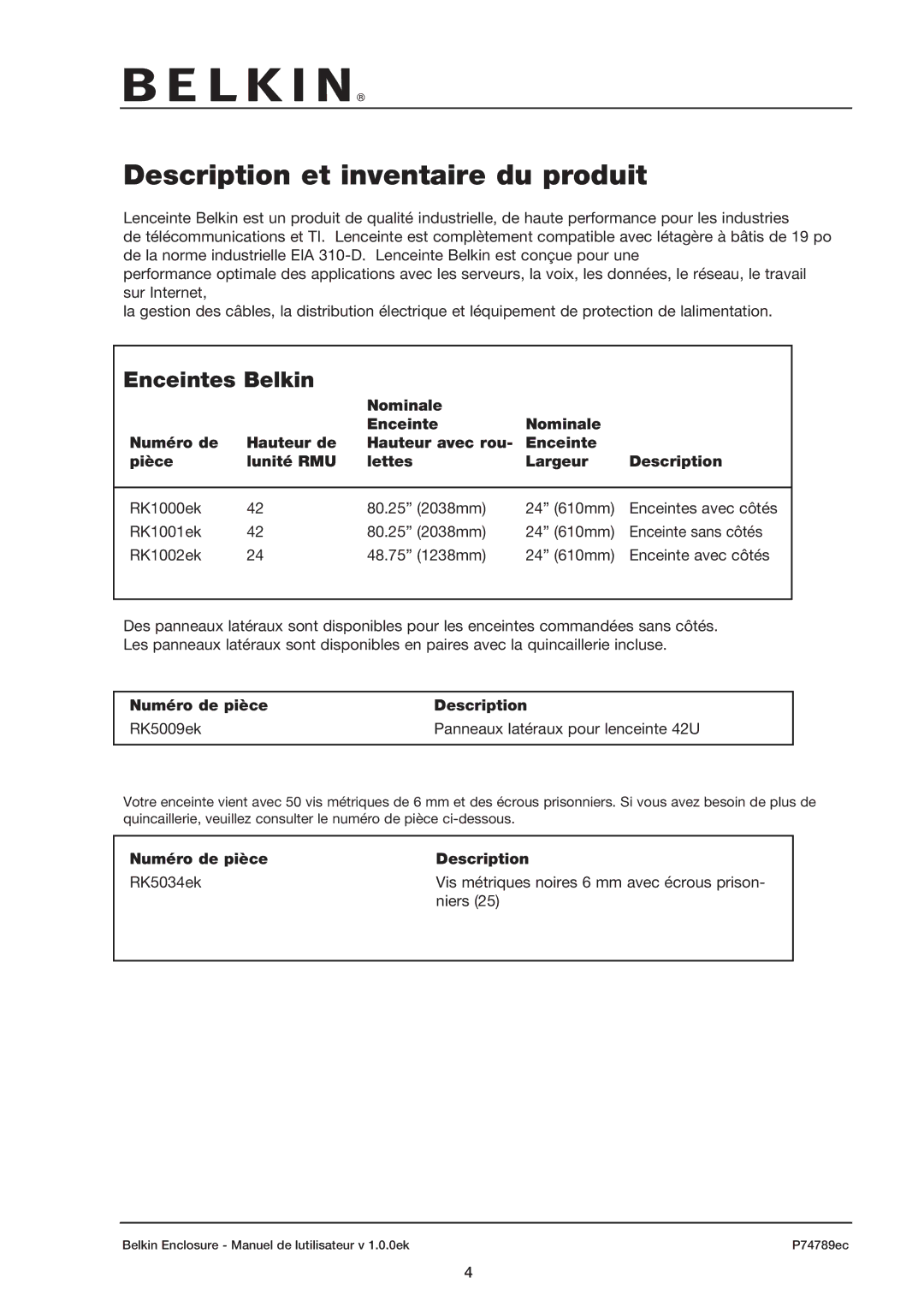 Belkin 42U user manual Description et inventaire du produit, Enceintes Belkin, Numéro de pièce Description 