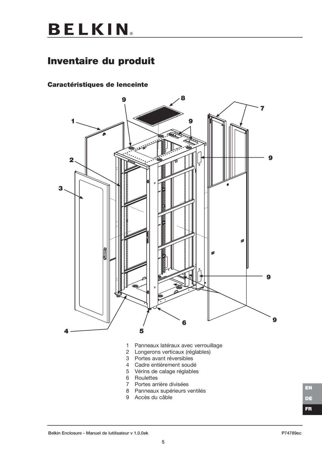 Belkin 42U user manual Inventaire du produit, Caractéristiques de lenceinte 