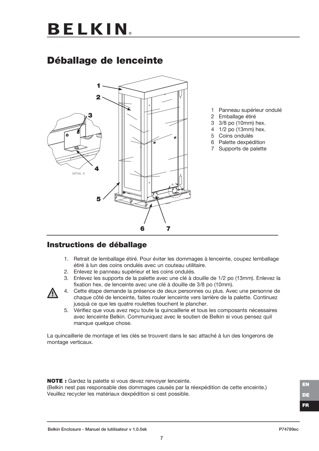 Belkin 42U user manual Déballage de lenceinte, Instructions de déballage 