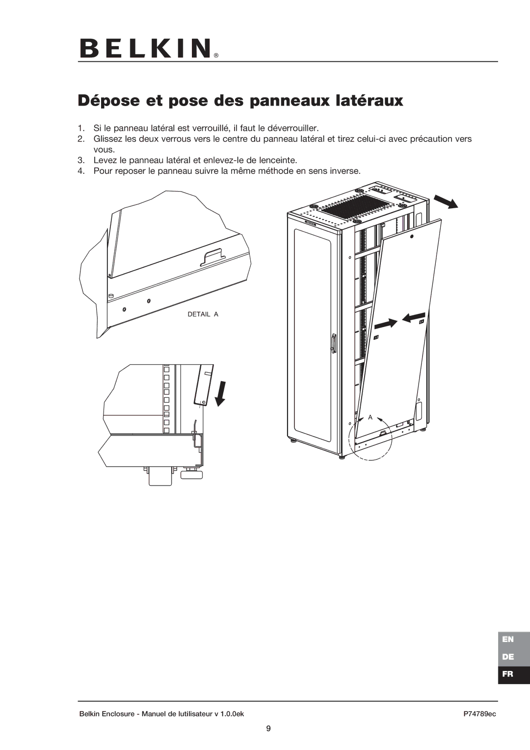 Belkin 42U user manual Dépose et pose des panneaux latéraux 