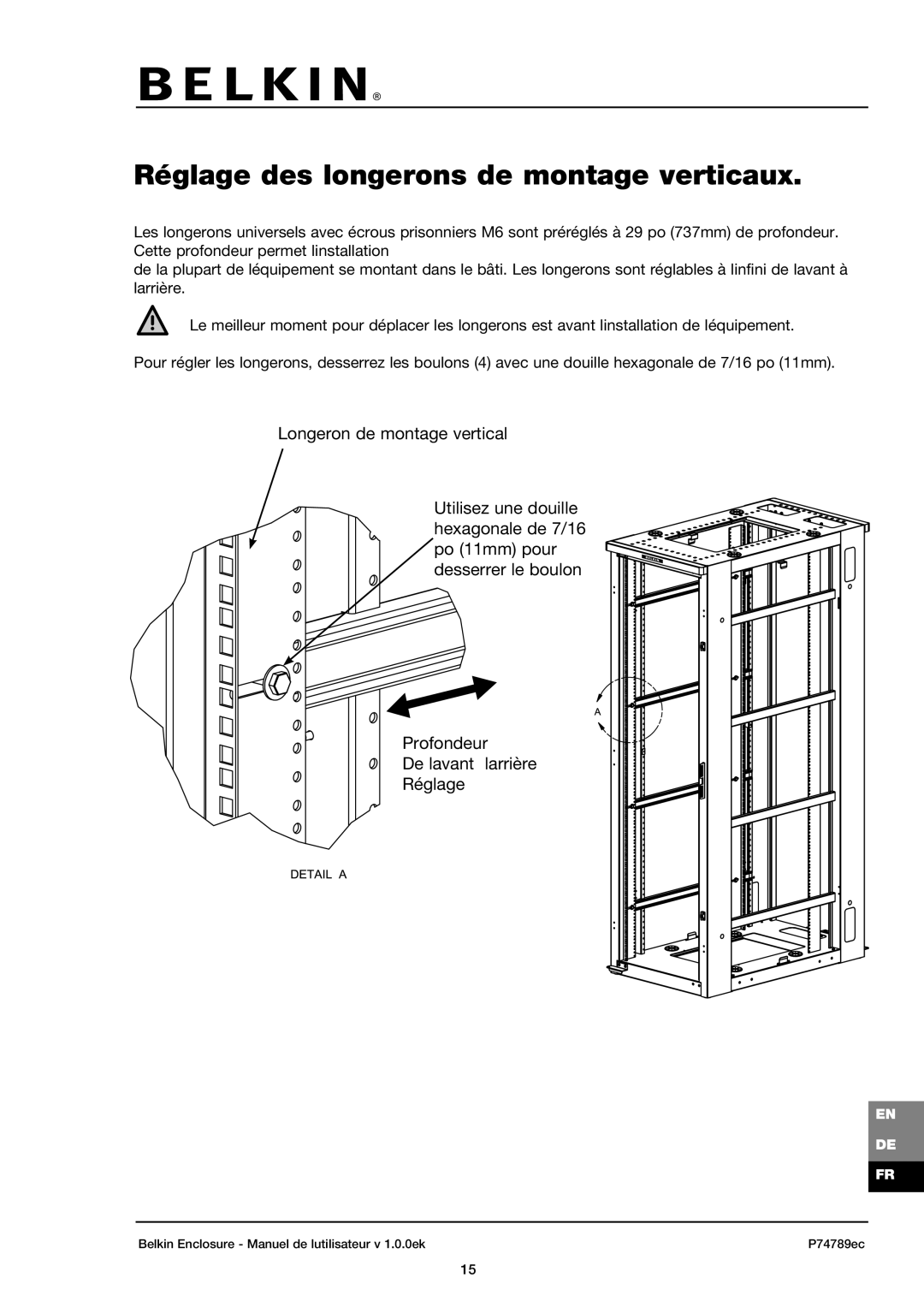 Belkin 42U user manual Réglage des longerons de montage verticaux 