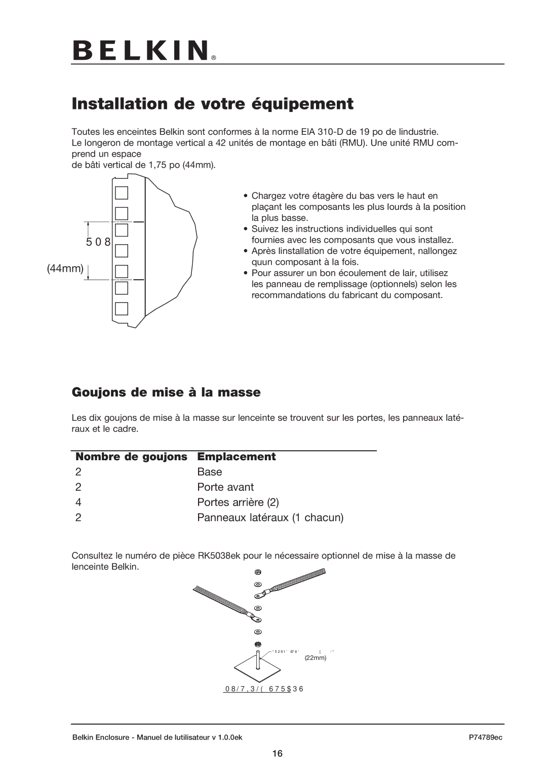 Belkin 42U user manual Installation de votre équipement, Goujons de mise à la masse, Nombre de goujons Emplacement 