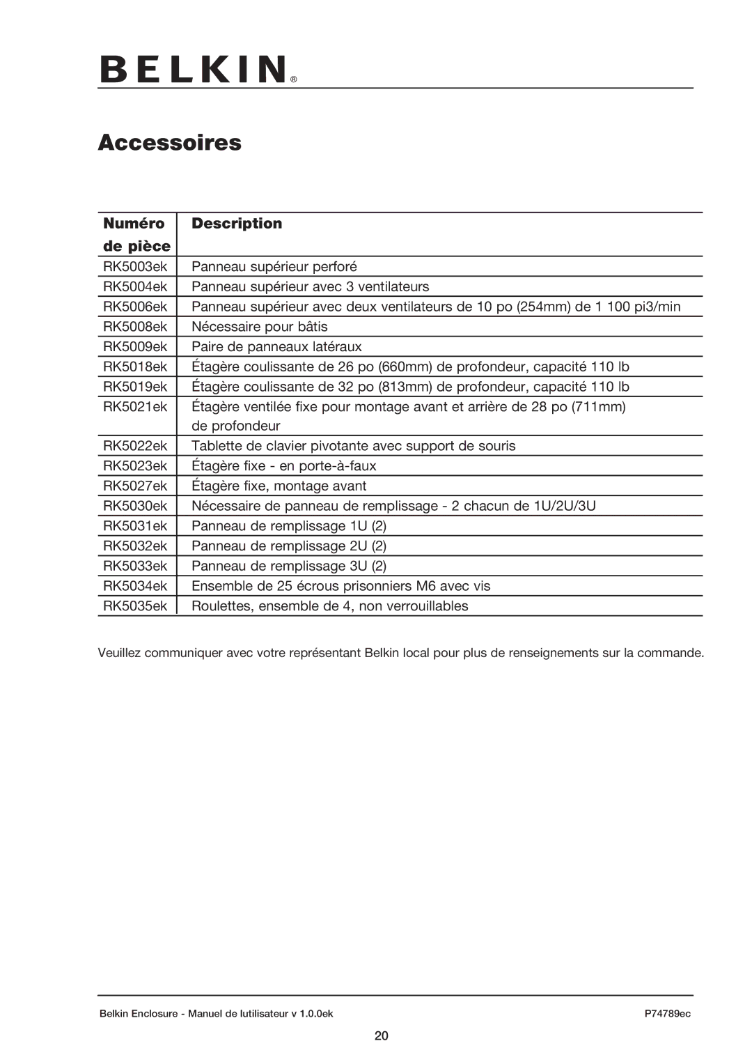 Belkin 42U user manual Accessoires, Numéro Description De pièce 