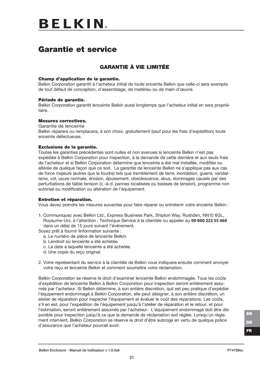 Belkin 42U user manual Garantie et service 