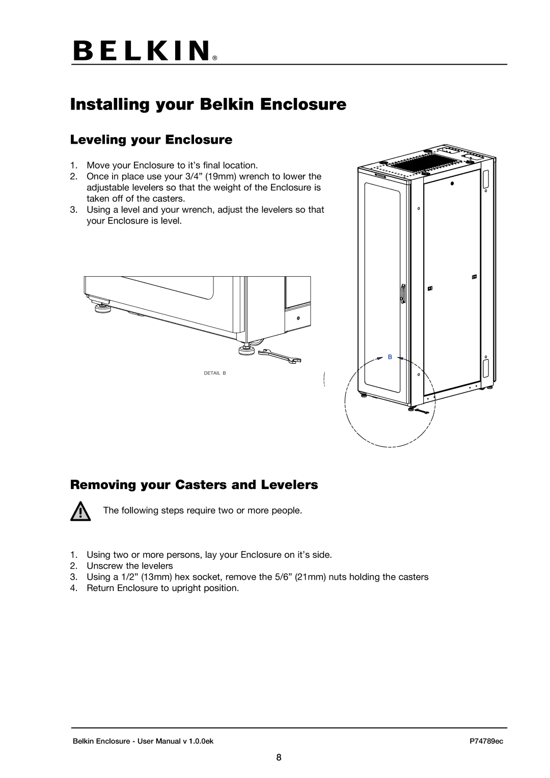 Belkin 42U user manual Installing your Belkin Enclosure, Leveling your Enclosure, Removing your Casters and Levelers 